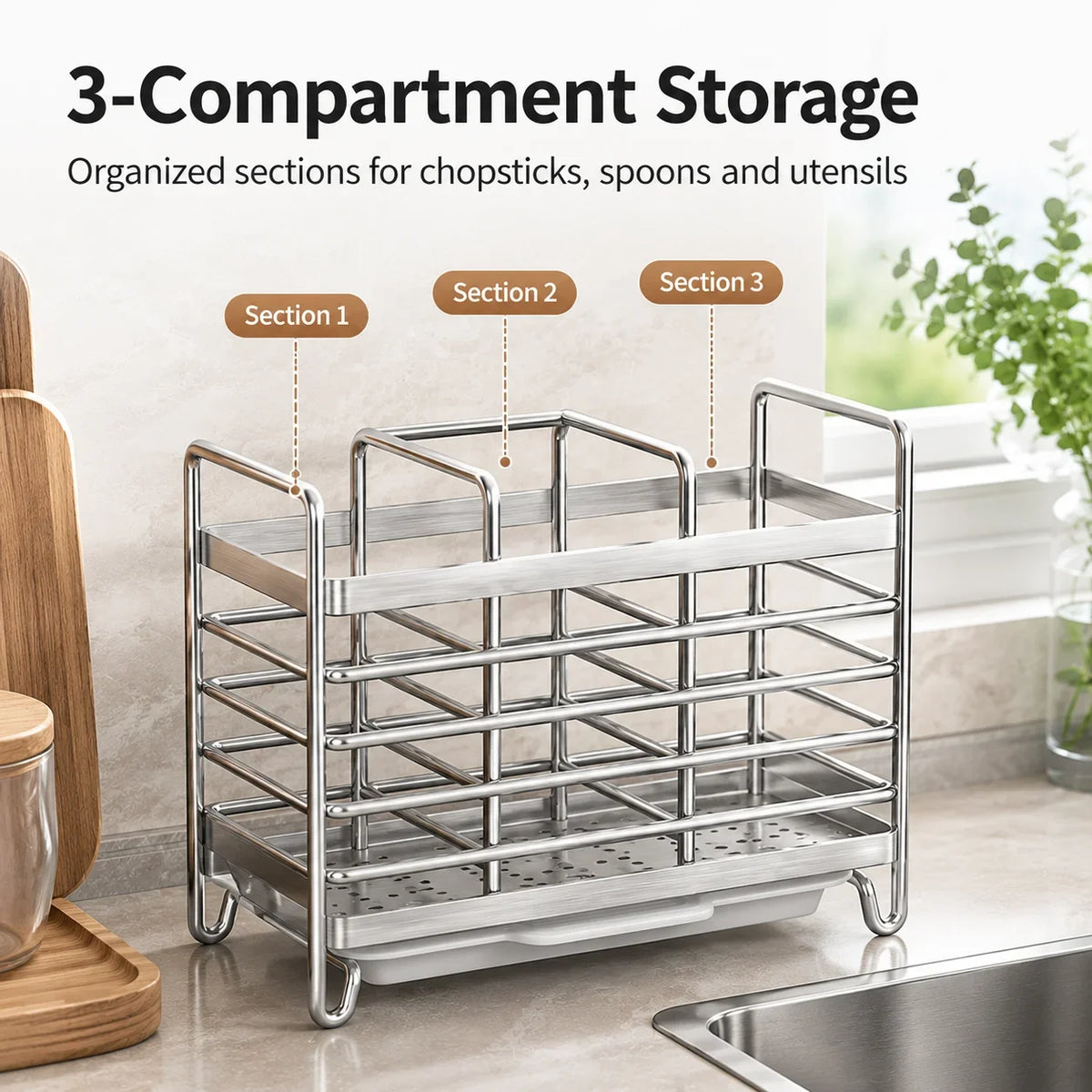 Stainless Steel Cutlery Organizer Drain Rack & Chopstick Holder