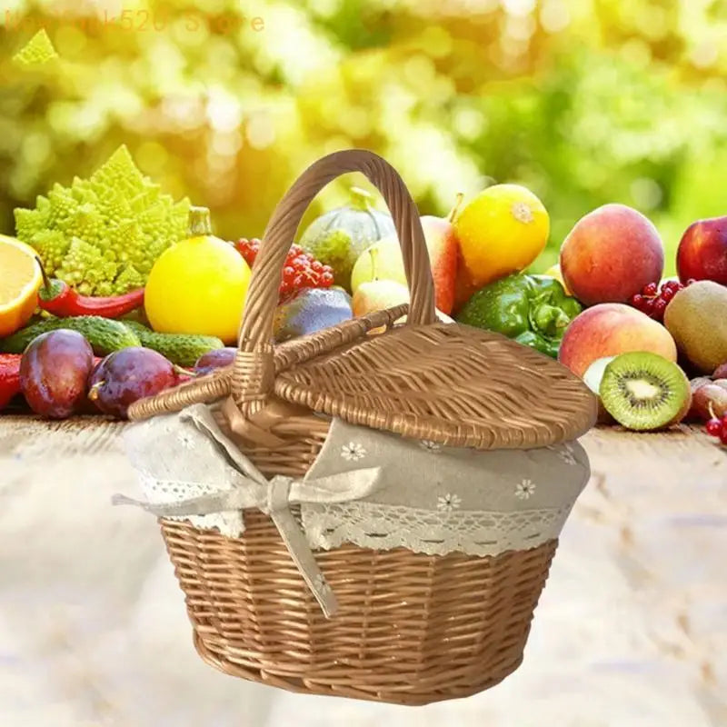 Wicker Fruit Basket with Handle & Double Lid | Rattan Hamper