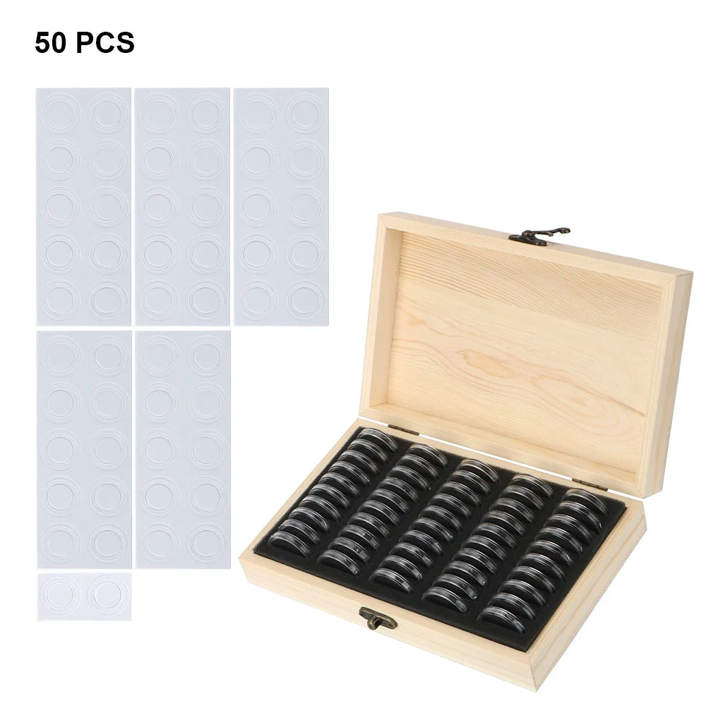 Wooden Coin Storage Box with Capsules & Pads – 20 to 100 Slots