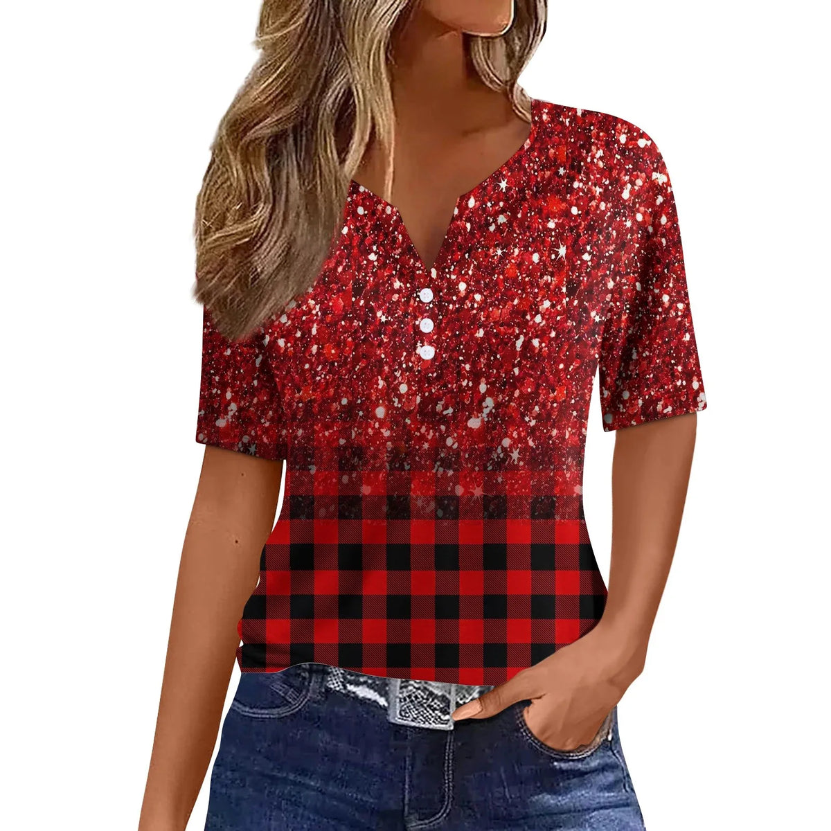 Women's Patchwork V-Neck T-Shirt Short Sleeve Casual Top S–XXXL