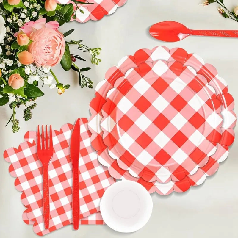 Red Gingham Party Supplies Set – 175-Piece Disposable Tableware