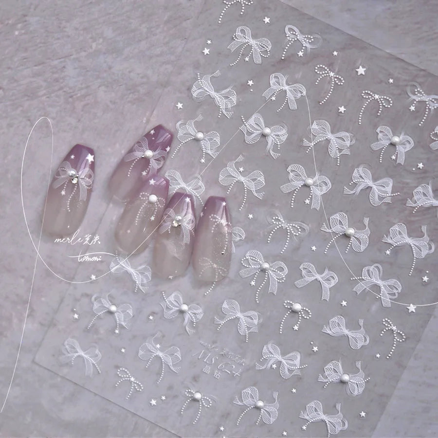 5D Lace Bow Nail Art Stickers – Pearl Rhinestone Decals