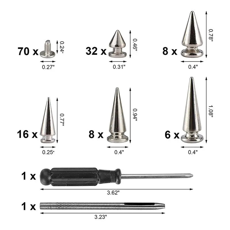 210-Set Silver Mixed Spikes & Studs DIY Leather Rivet Kit