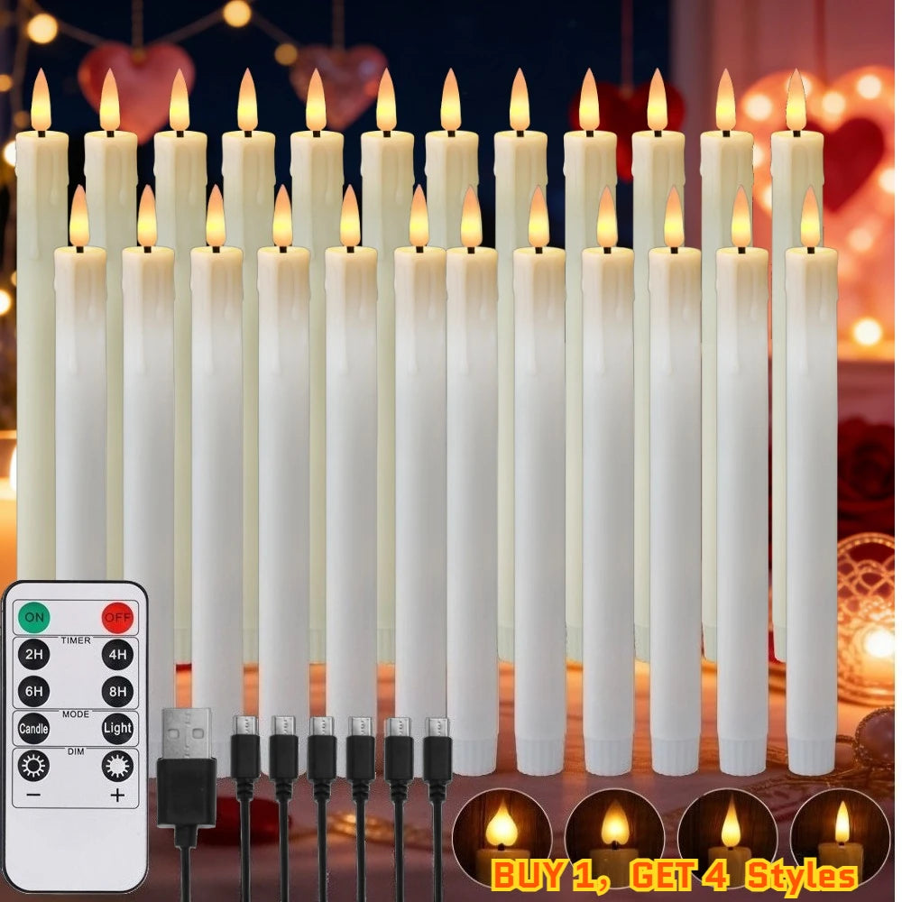 Flameless LED Taper Candles Remote 6-Pack Rechargeable 9.6"