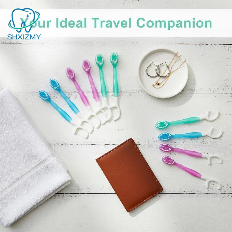 10-Pack 2-in-1 Dental Floss Toothbrushes – Soft Nylon Bristles