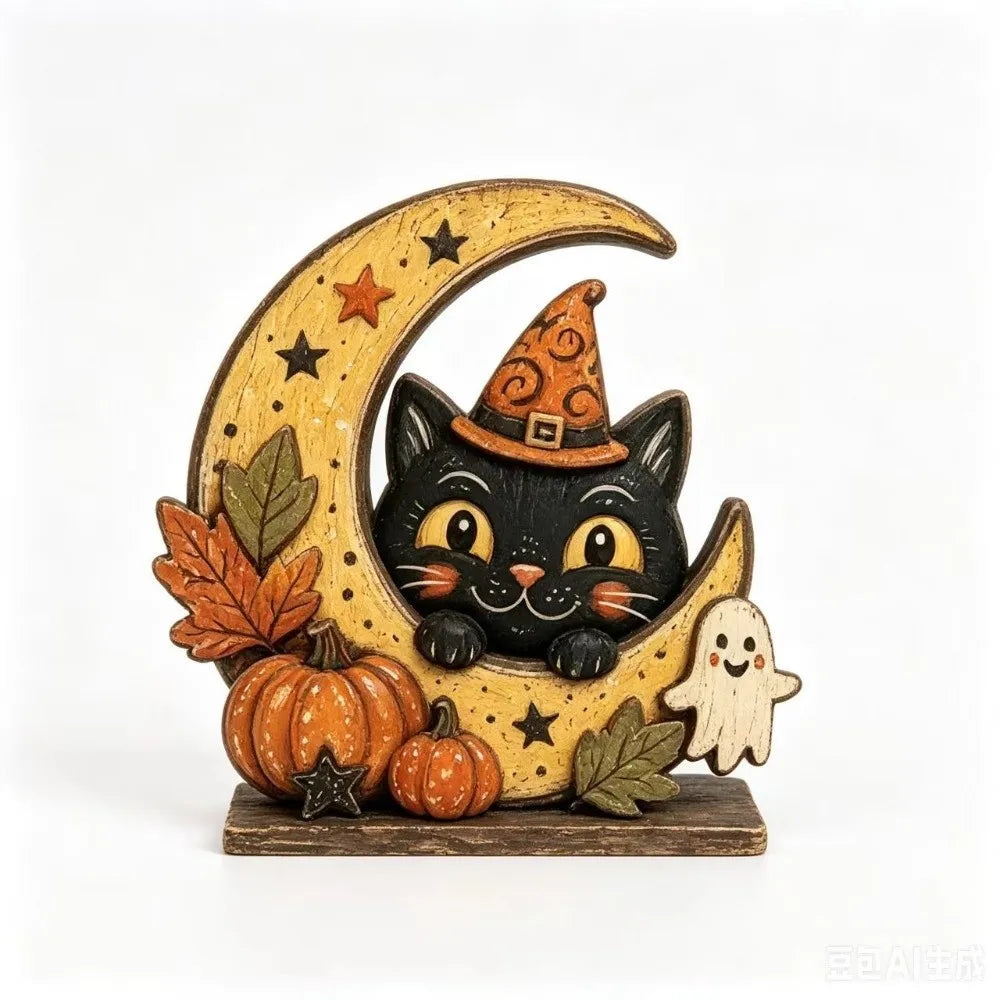 Halloween Wooden Tabletop Sign – Ghost, Pumpkin, Owl & Cat