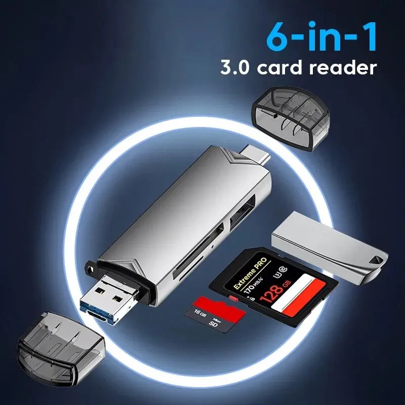 6-in-1 USB 3.0 Card Reader – Type-C, SD, TF, Micro USB