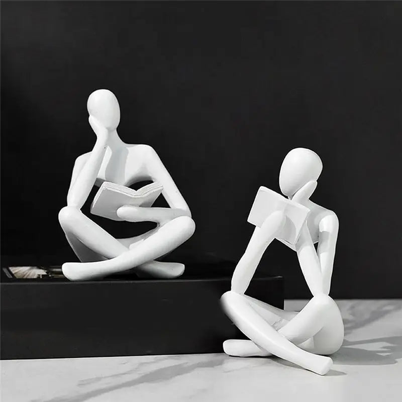 White Thinker Resin Reading Statue – Modern Book Decor Sculpture