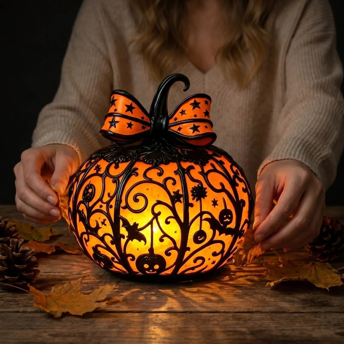 Halloween Pumpkin Resin LED Lantern – Gothic Décor Light