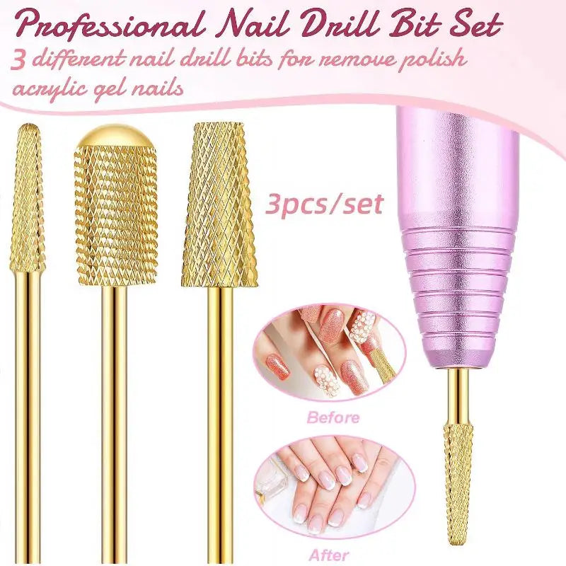 3-Pc Tungsten Carbide Nail Drill Bits – UV Gel Milling Set