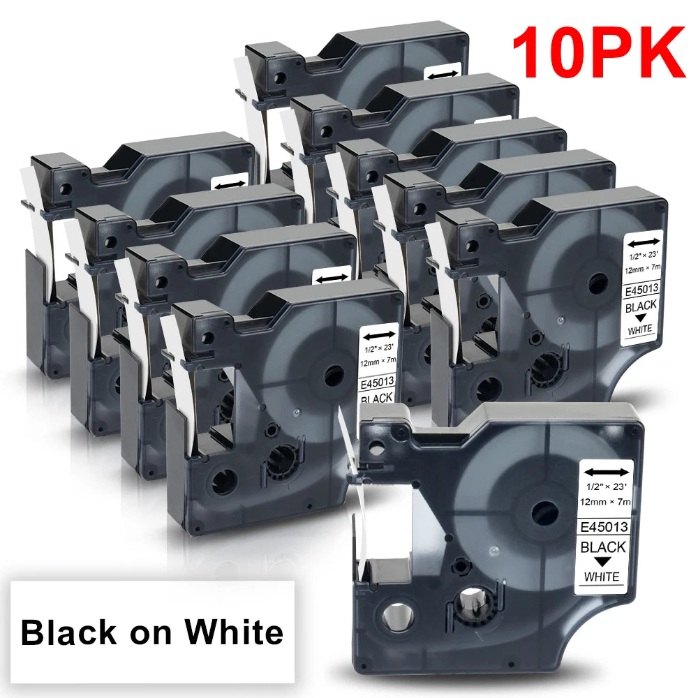 10-Pack Dymo D1 45013 Compatible Label Tapes 12mm Black/White
