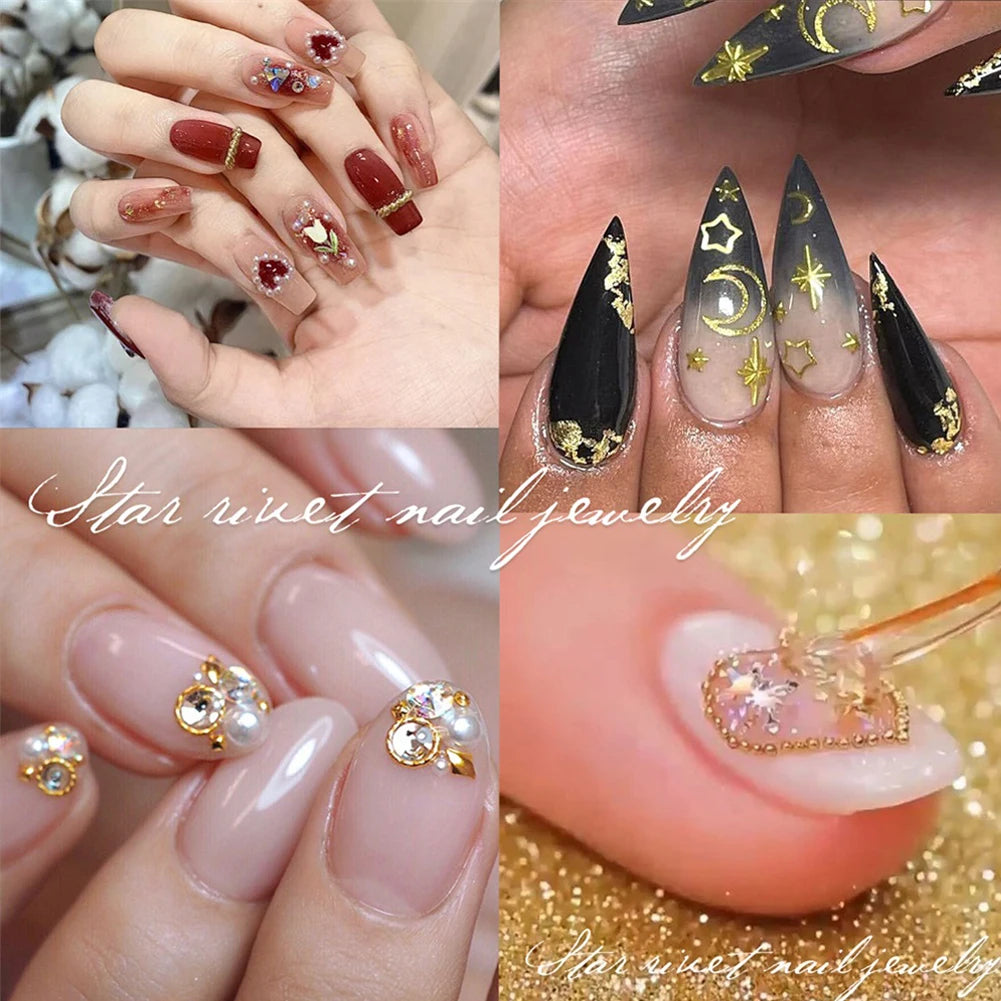 12-Size 3D Nail Art Rhinestones & Studs Set – Gold & Silver