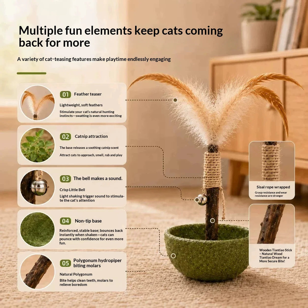 Catnip Tumbler Cat Toy – Feather Teaser, Bell & Silvervine