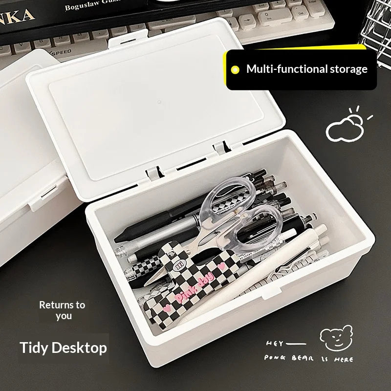 White Flip-Top Plastic Storage Box – Desk Organizer