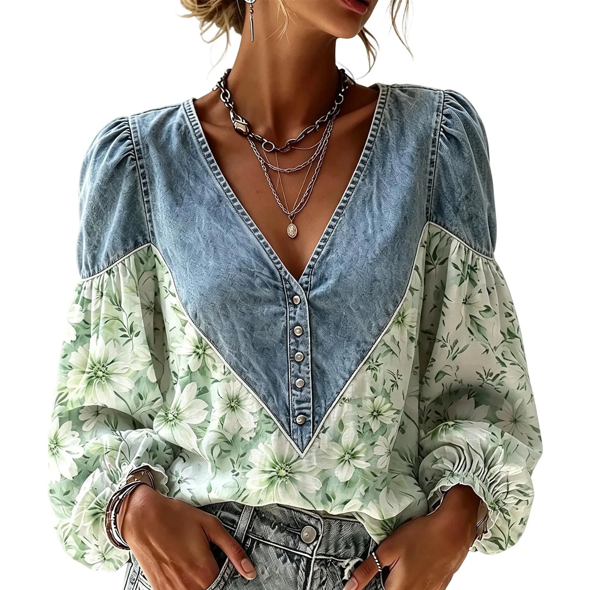 Women's Vintage Floral Boho Blouse V-Neck Puff Sleeve Patchwork