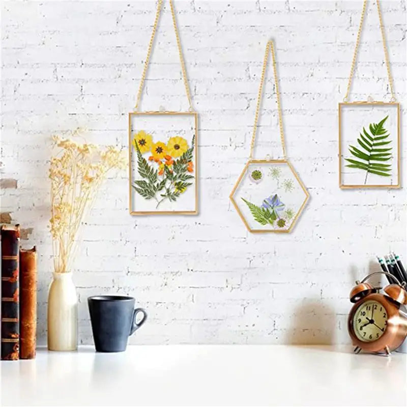 6-Pack Golden Hanging Glass Pressed Flower Frames with Chain