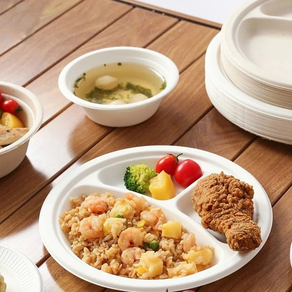 50-Pack Disposable Round Paper Plates – Oil Resistant, Eco-Friendly