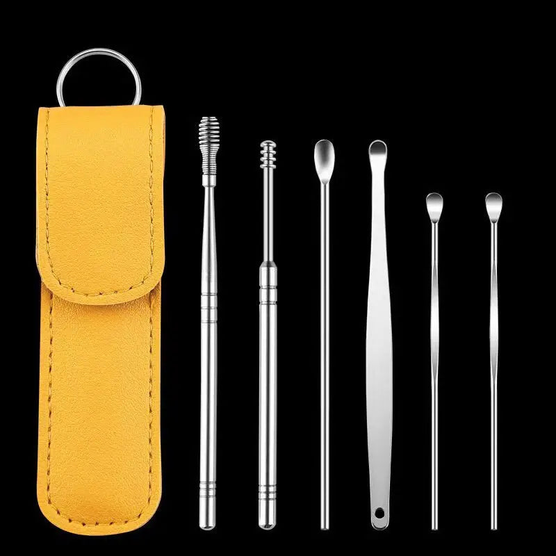 Stainless Steel Ear Pick Kit 6-Piece Set with Leather Case