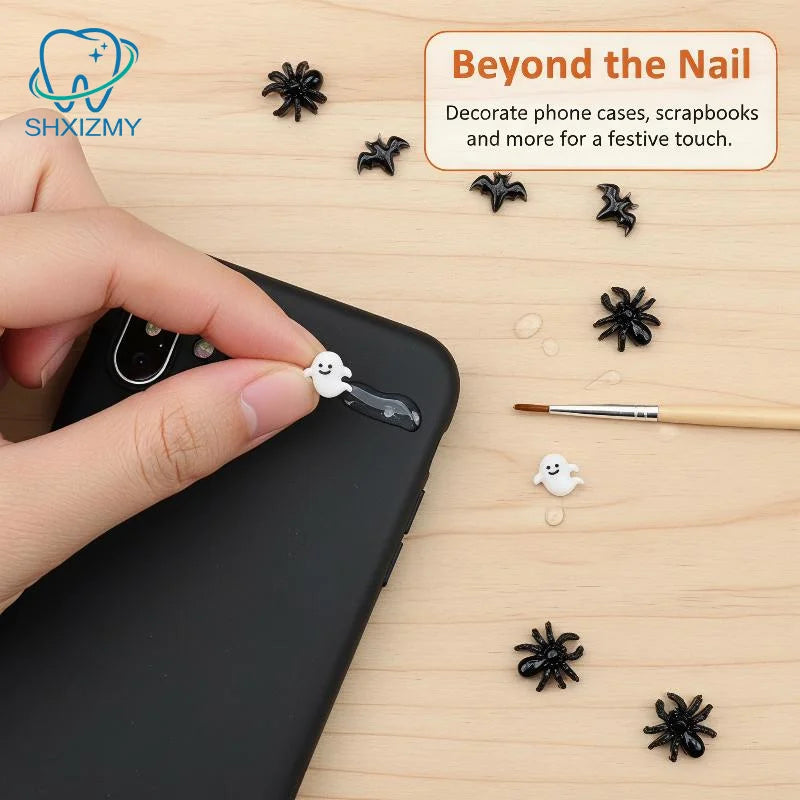 30Pcs Halloween 3D Resin Nail Charms – Bat Spider Snake
