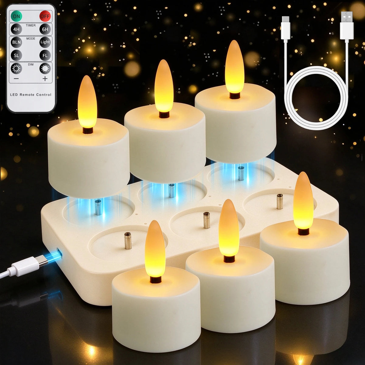 Rechargeable LED Flameless Tealights with Remote & Timer – 6 Pack