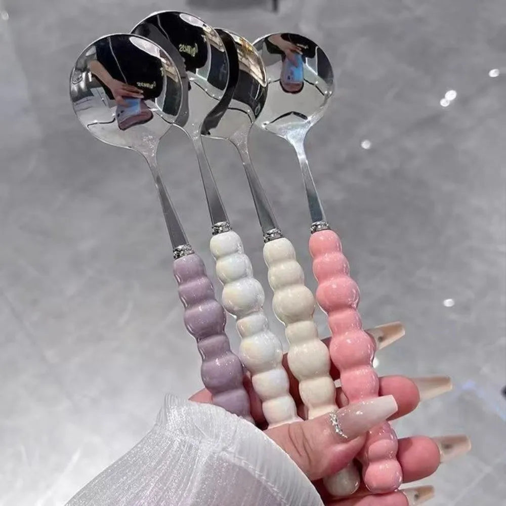 Pearl Handle Dessert Spoon – Long Stirring Spoon, 5 Colors
