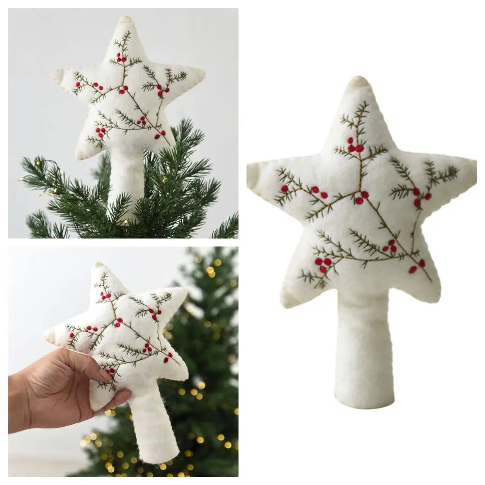 Felt Star Christmas Tree Topper – Embroidered Pine & Berries