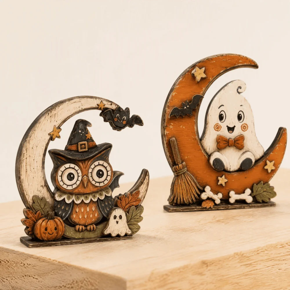 Halloween Wooden Tabletop Sign – Ghost, Pumpkin, Owl & Cat