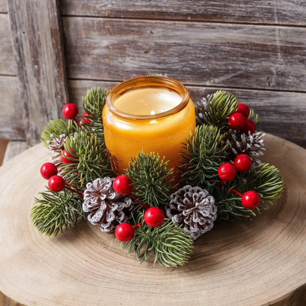 Christmas Pine Cone Red Berry Candle Wreath Table Centerpiece