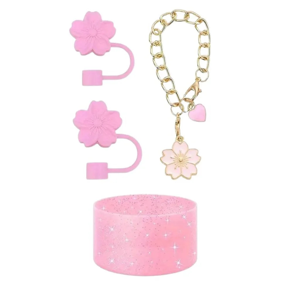 4-Piece Silicone Cup Boot & Straw Cover Set – Cherry Blossom