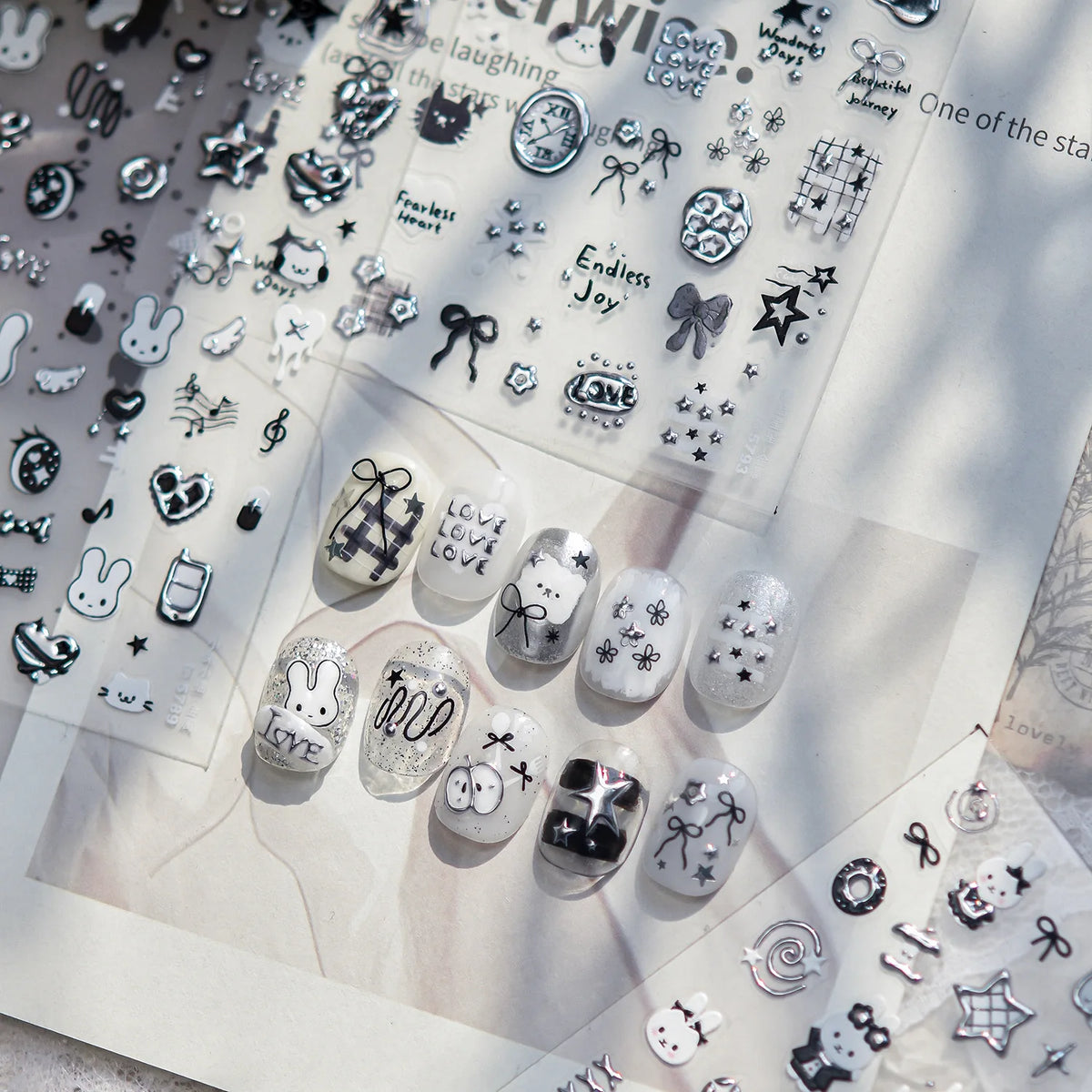 Rabbit Nail Art Stickers – Black White Silver DIY Decals