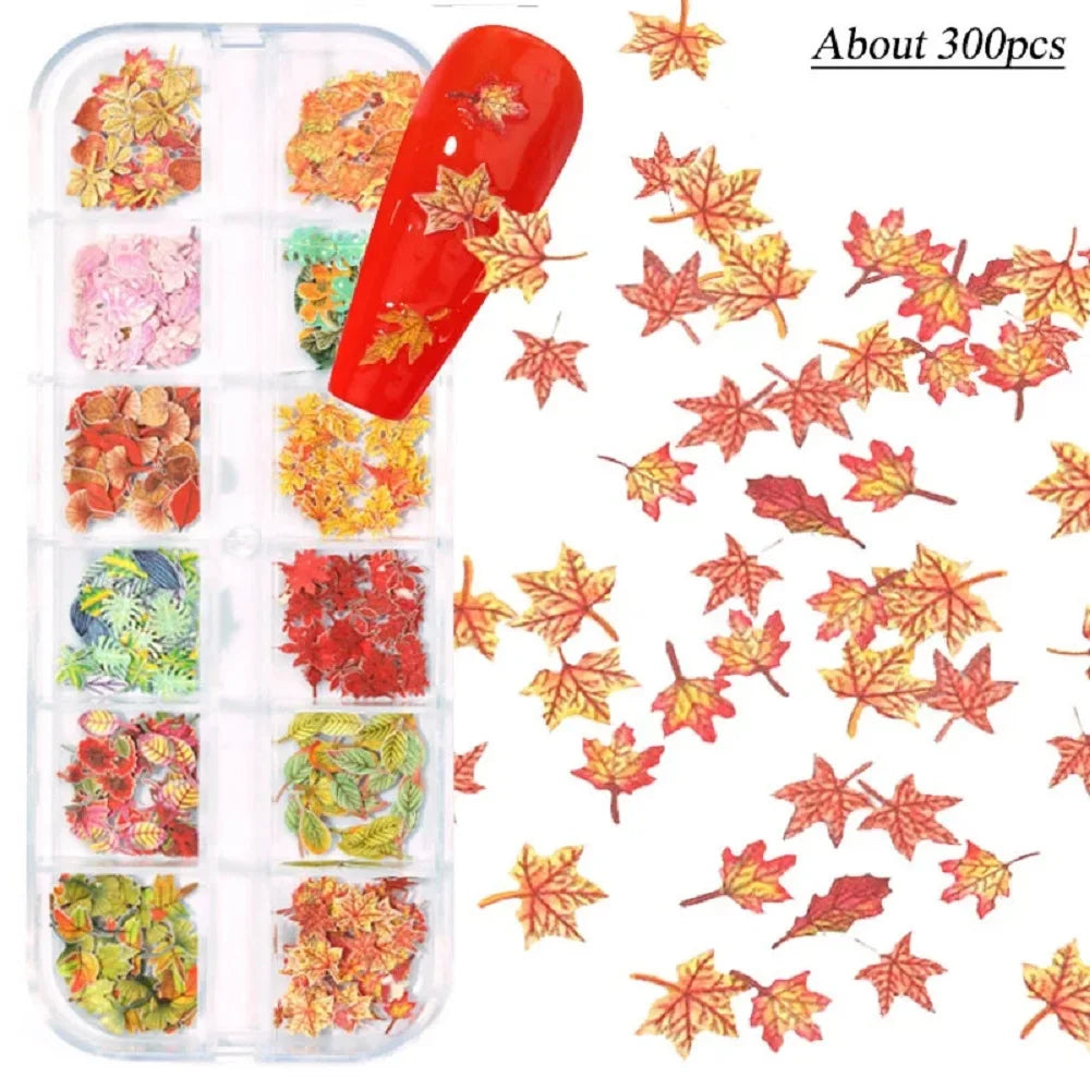 12-Grid Autumn Leaf Nail Sequins & Floral Charm Decoration Set