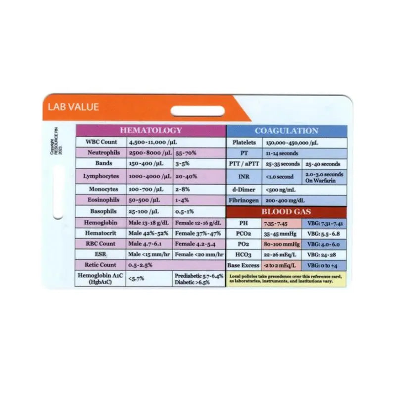 Nursing Badge Card – Lab Values & Blood Draw Order Reference