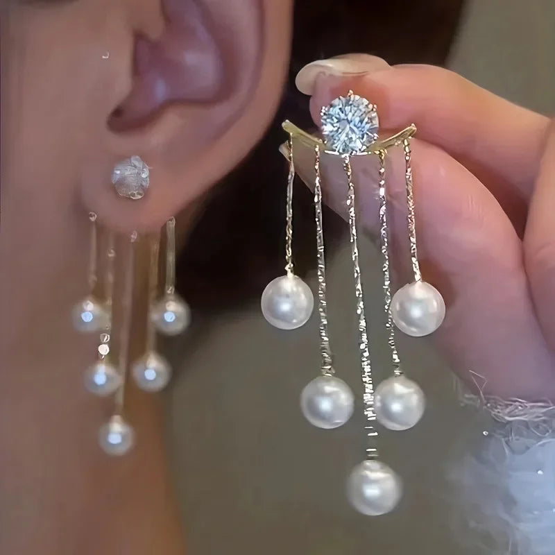 Pearl Tassel Drop Earrings 925 Silver Needle – Set of 2