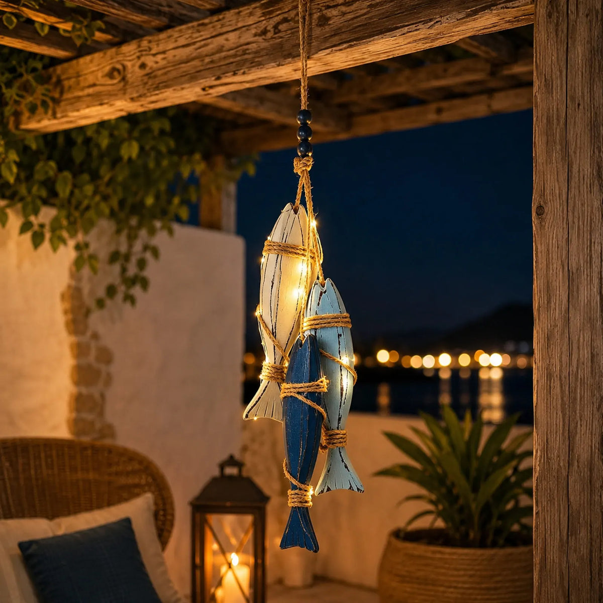 Mediterranean Wooden Wall Hanging with LED Lights & Fish Decor