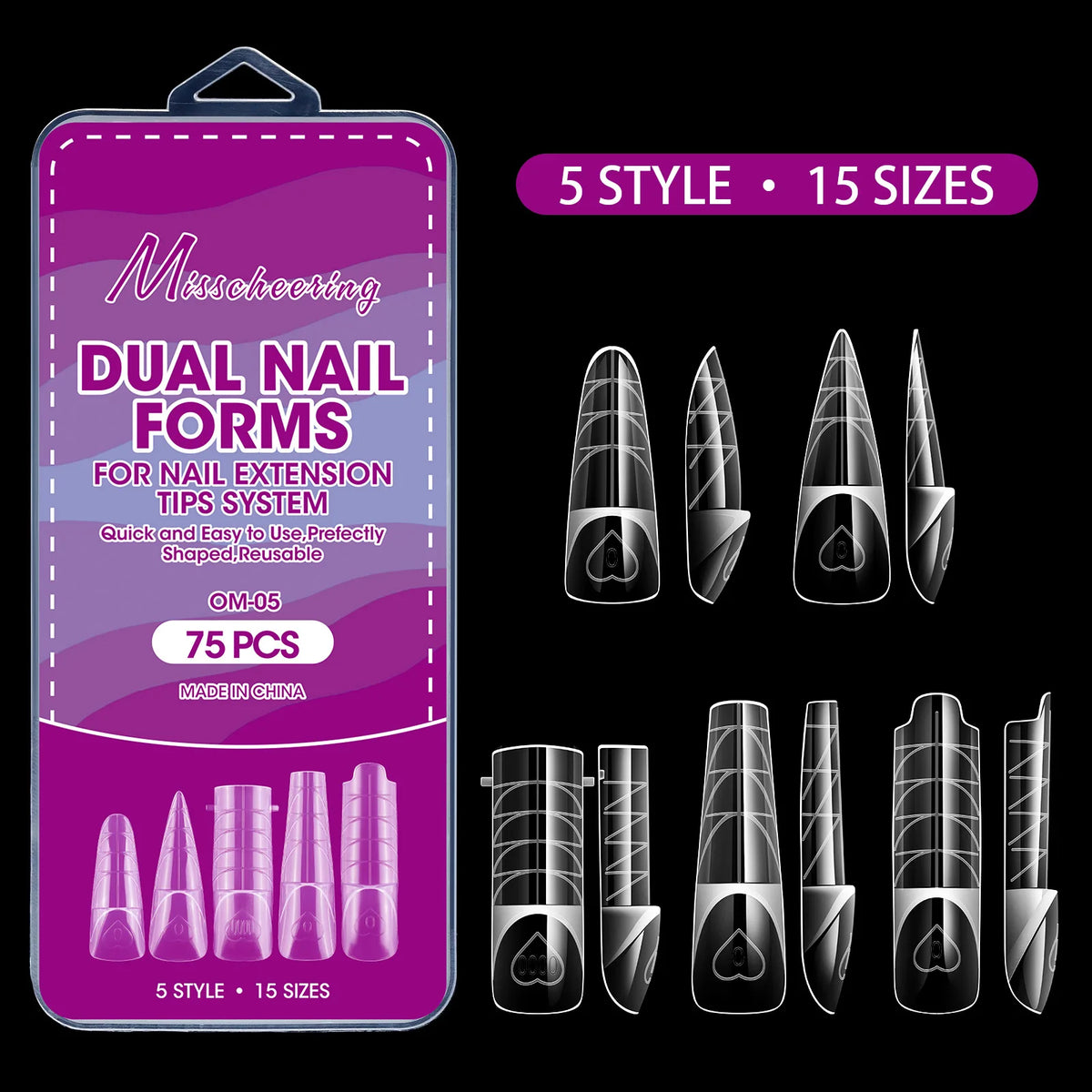 75Pcs Dual Nail Forms – 5 Shapes Poly Gel Extension Molds