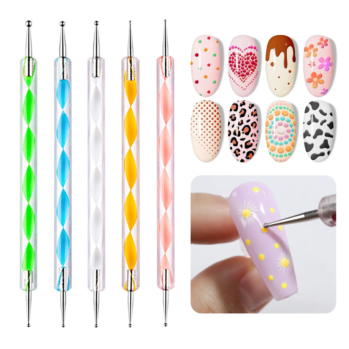 5-Piece Dual-End Nail Dotting Pen Set – Rhinestone Picker Tool