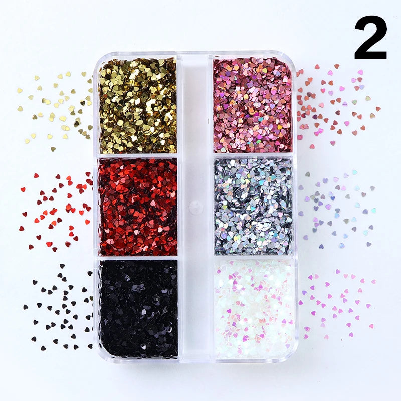 1mm Laser Heart Nail Glitter 6-Grid Set – DIY Nail Art