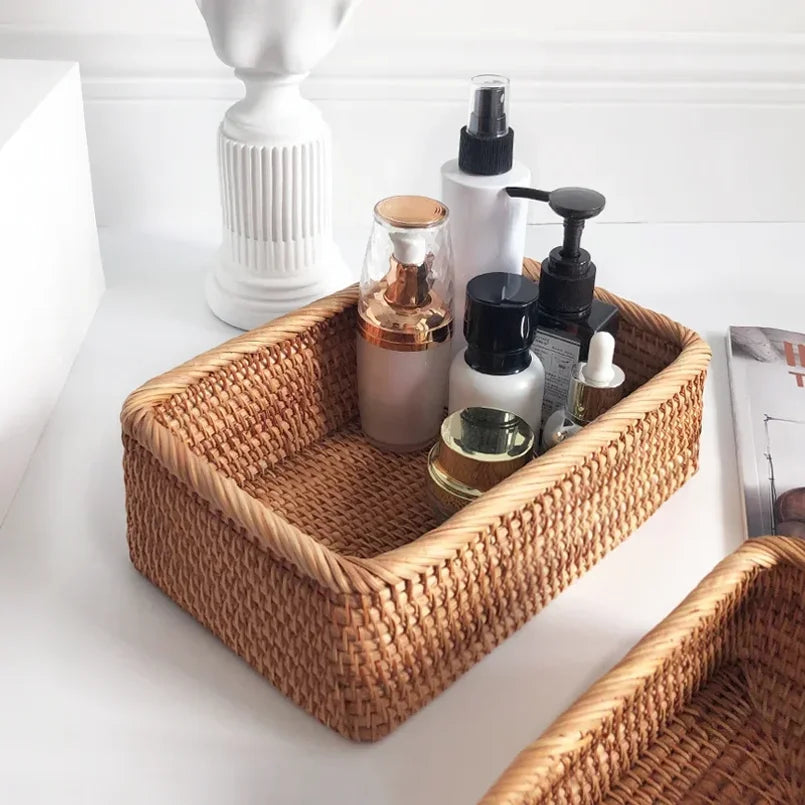 Hand-Woven Rattan Wicker Rectangular Storage Basket