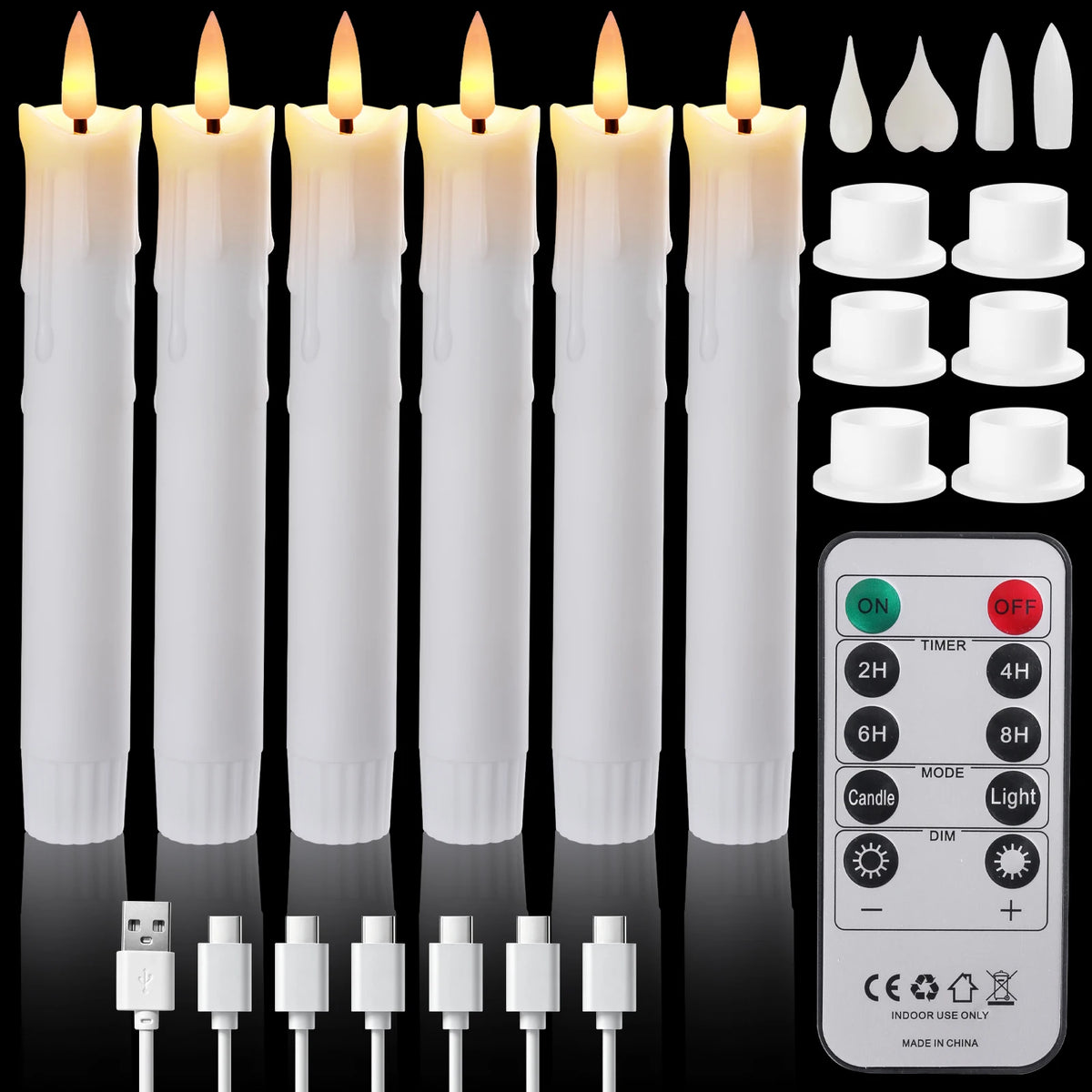 Flameless LED Taper Candles Remote 6-Pack Rechargeable 9.6"