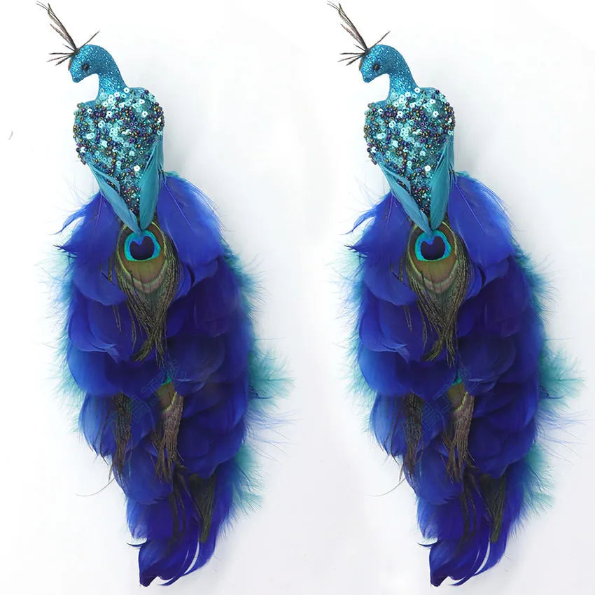 Glitter Blue Peacock Ornament Real Tail Feather Clip-On Decor