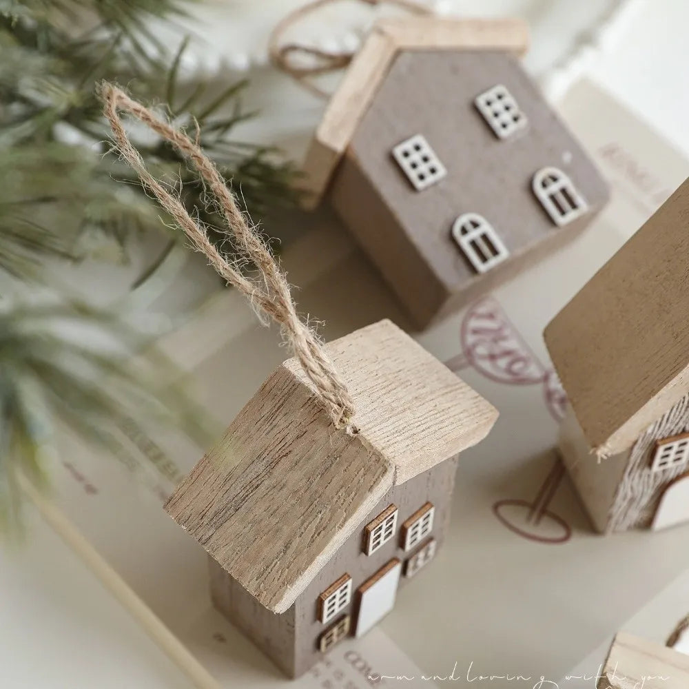 Wooden Christmas House Ornament DIY Log Cabin Village Pendant