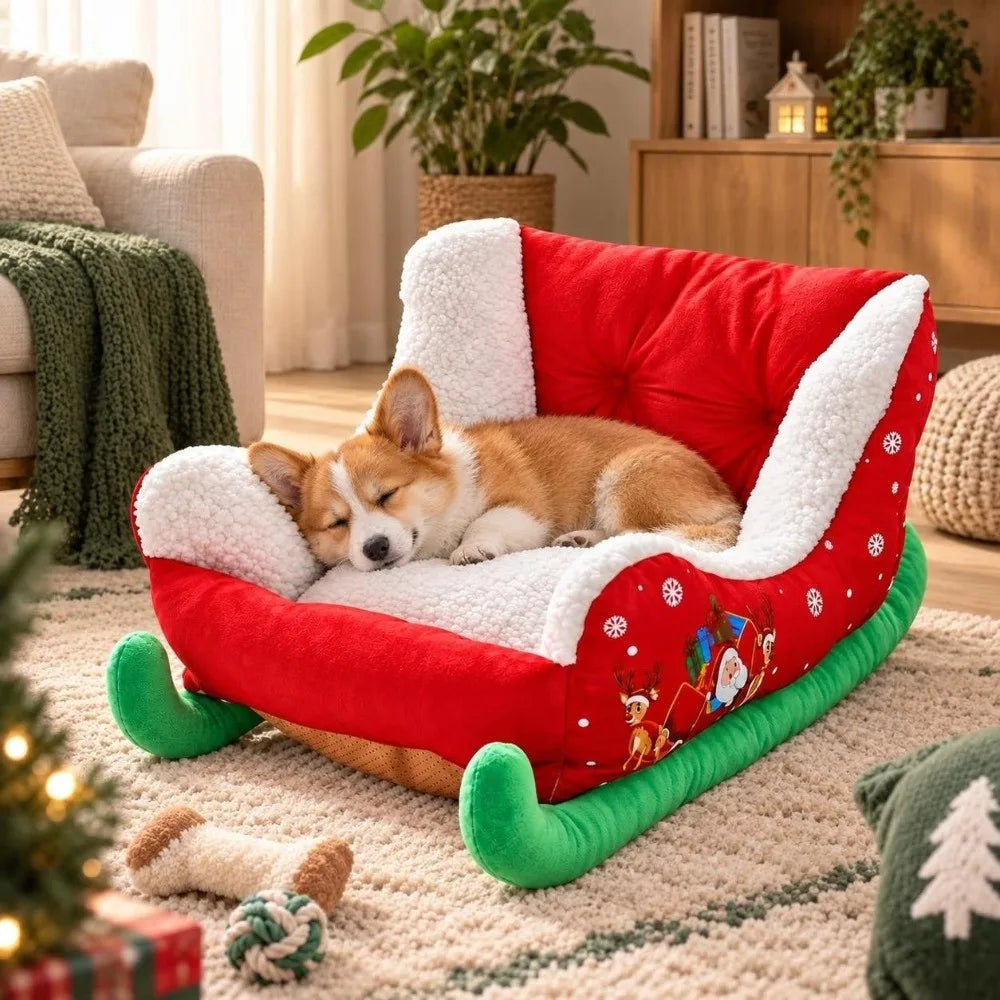 Faux Fur Sleigh Dog Bed – Warm, Festive & Washable