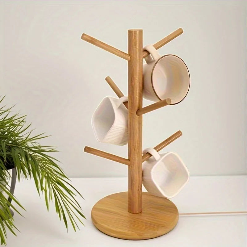 Bamboo Cup Holder with Hooks – Kitchen & Office Organizer