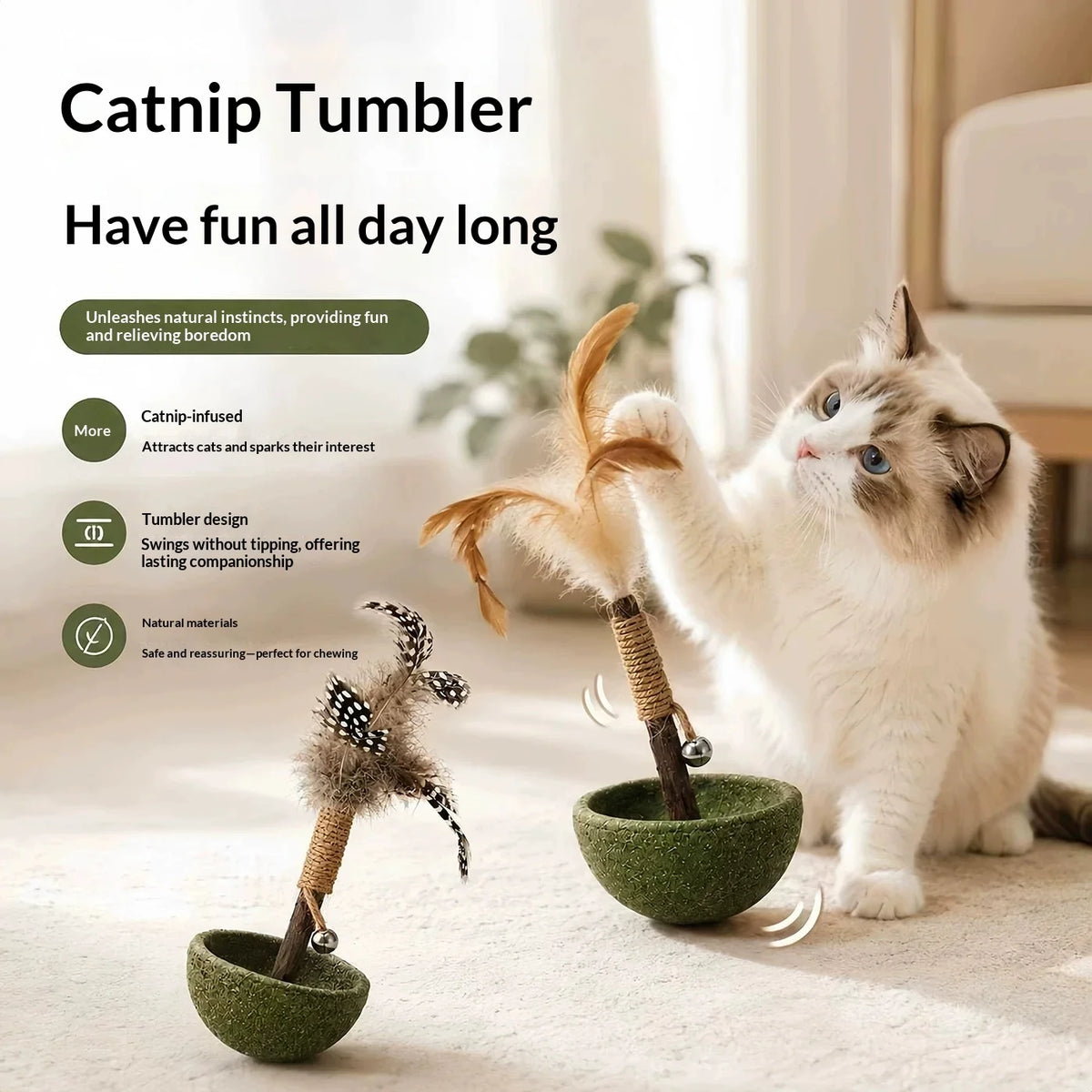 Catnip Tumbler Cat Toy – Feather Teaser, Bell & Silvervine