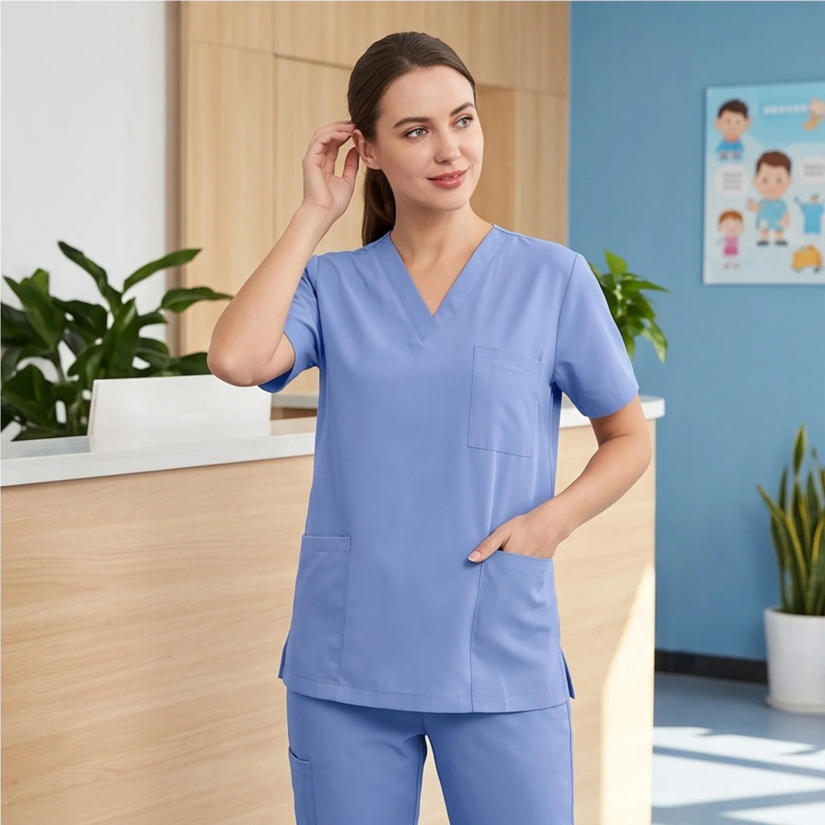 Women's V-Neck Stretch Scrub Set – Nursing Uniform Top & Pants