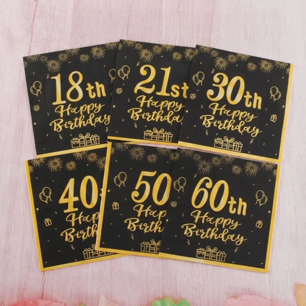 Happy Birthday Party Napkins White & Black Gold Design 20pk