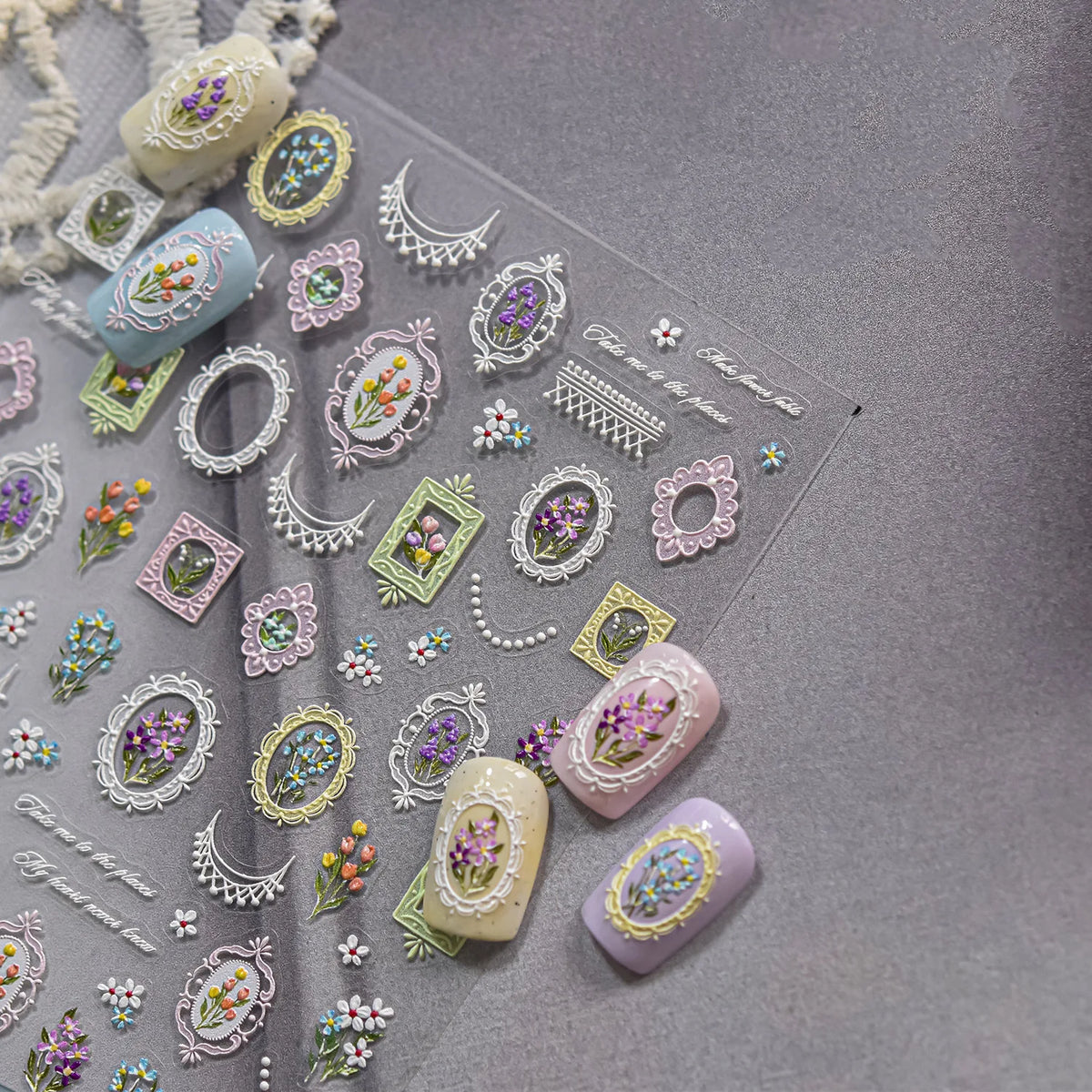 5D Embossed Nail Stickers Retro Floral Picture Frame Nail Art