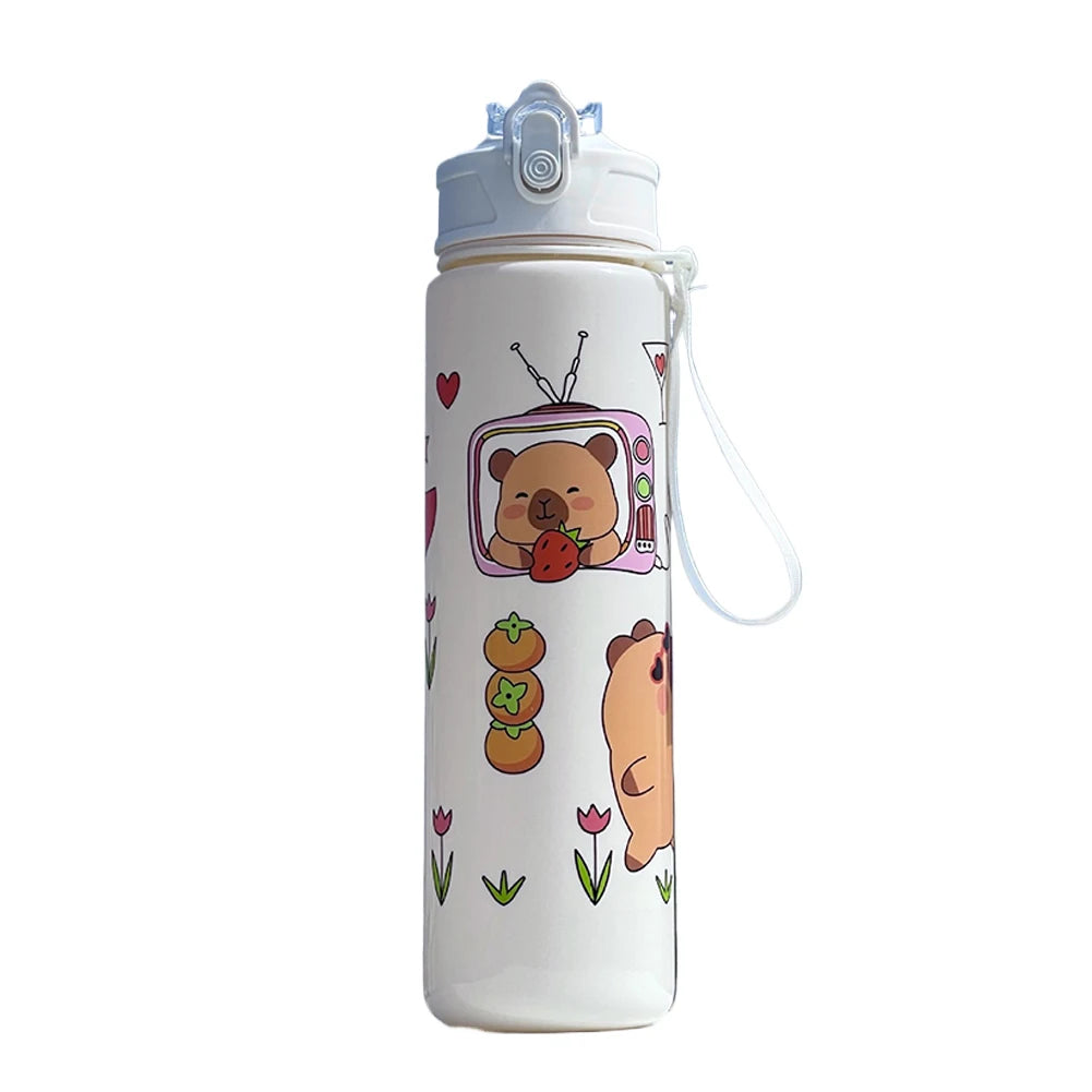 Capybara Kawaii Sports Water Bottle 700ml – Straw & Handle