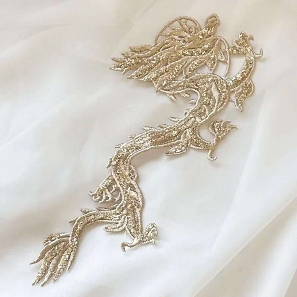 Chinese Dragon Embroidered Sequin Patch Gold Appliqué 2-Pack