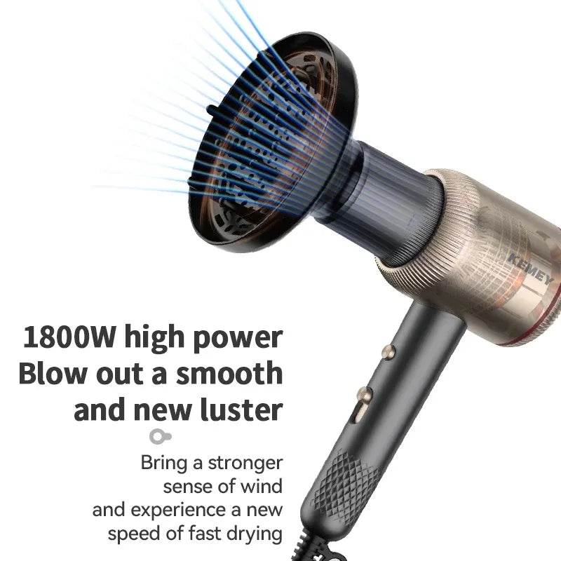 Kemei 1800W Ionic Professional Hair Dryer with Diffuser & Nozzles